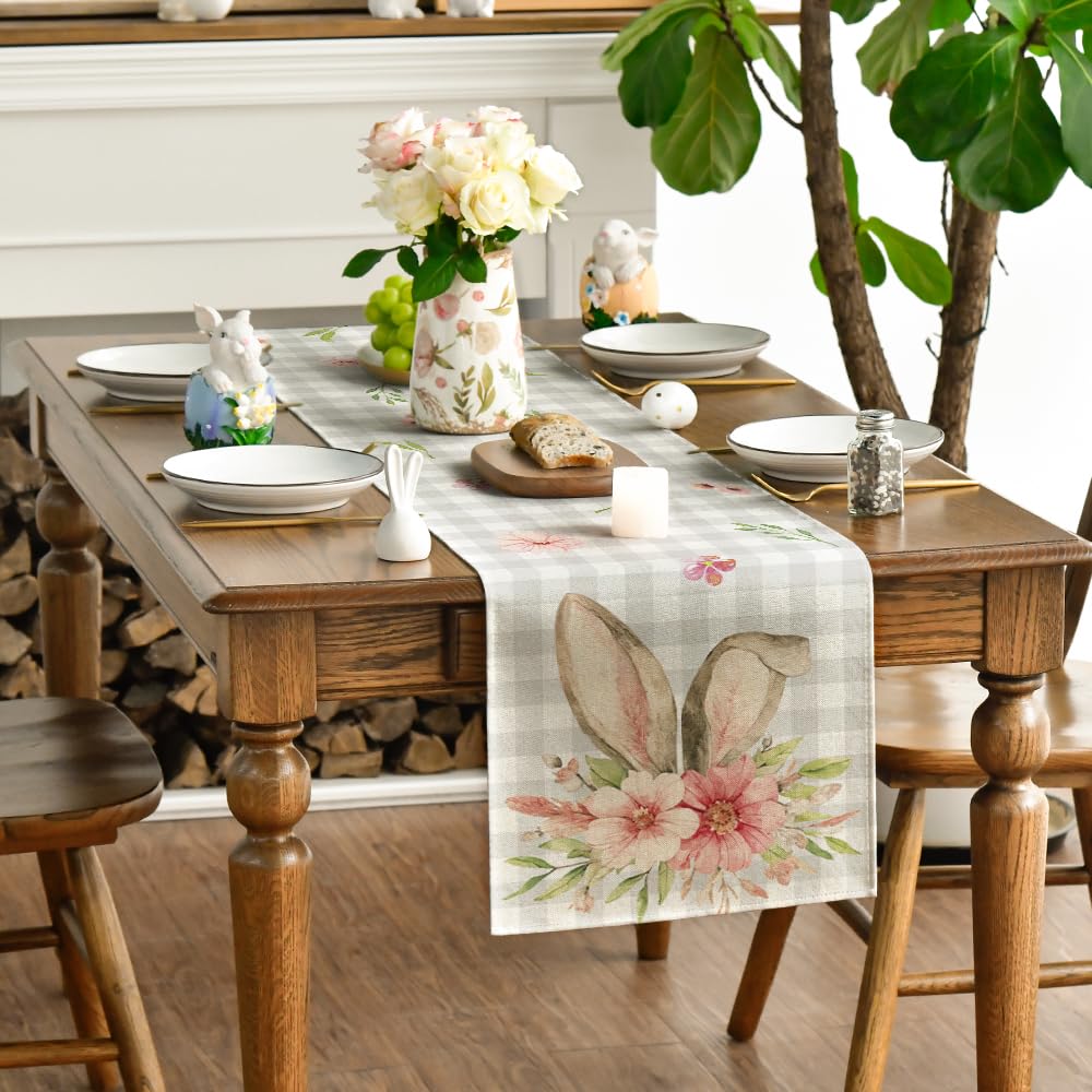 Buffalo Plaid Bunny Rabbit Ears Flower Easter Table Runner, Spring Summer Seasonal Holiday Kitchen Dining Table Decoration for Indoor Outdoor Home Party Decor 13 x 72 Inch