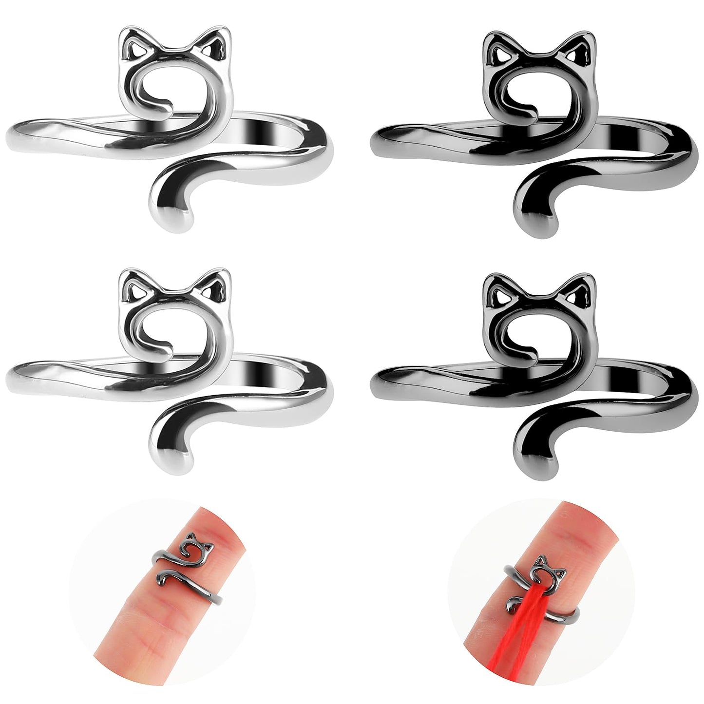 4pcs Knitting Crochet Loop Ring for Fingers Metal Open Yarn Guide Crochet Rings Adjustable Braided Faster Knitting Thimbles Holders Accessories for Crochet Mother Grandma Gifts (Cat Style)