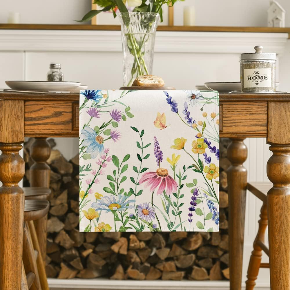 Daisy Eucalyptus Lavender Floral Leaves Summer Table Runner, Spring Kitchen Dining Table Decoration for Home Party Decor 13x36 Inch