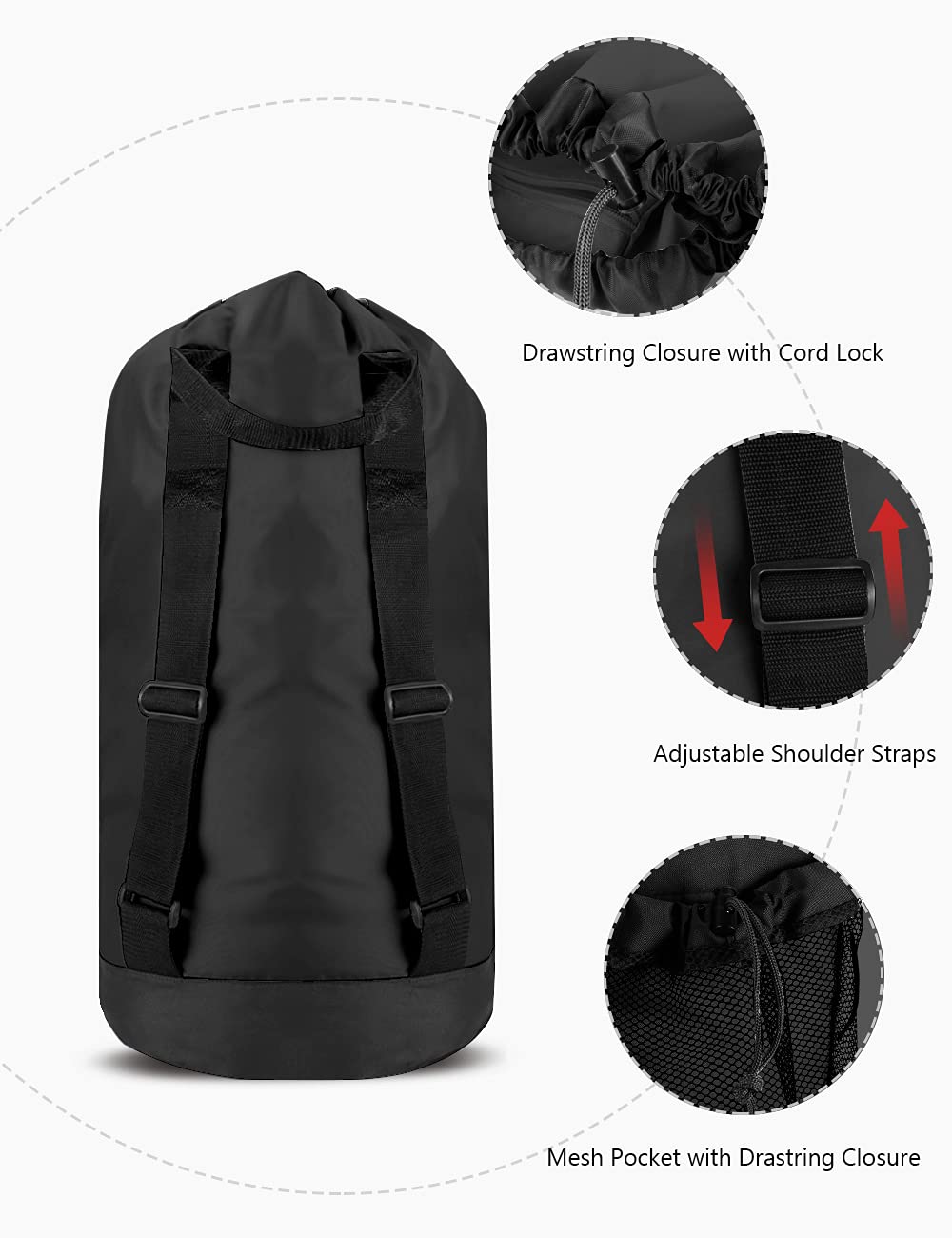 Backpack Laundry Bag, Laundry Backpack with Shoulder Straps and Mesh Pocket Durable Nylon Clothes Hamper Bag with Drawstring Closure for College, Travel, Laundromat, Apartment