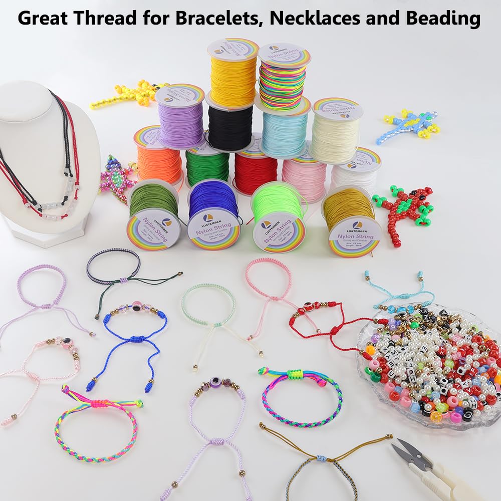 LUSTEMBER 0.8mm Nylon String, Strong Bracelet String, Durable Nylon Cord for Jewelry Making, Bracelets, Beading, Necklaces, Rattail Braiding, Kumihimo, Wind Chimes, Blinds and Handicrafts