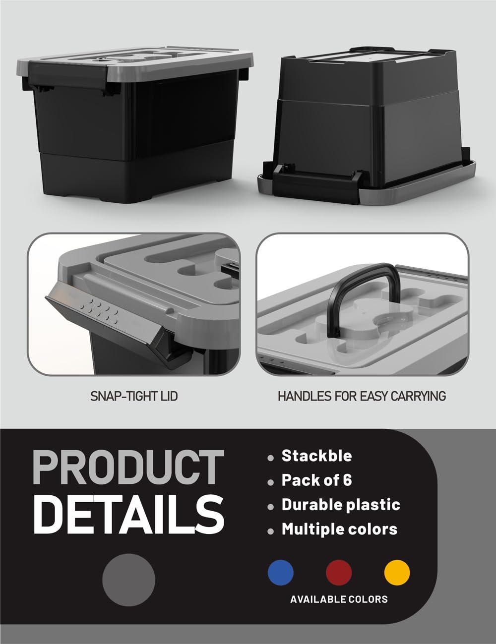 WYT Plastic Storage Bins with Lids and Latch, 6-Pack Small Stackable Plastic Organizing Box with Buckle and Handle, 3.5 Quart Durable Nestable Totes Containers (Black/Grey)