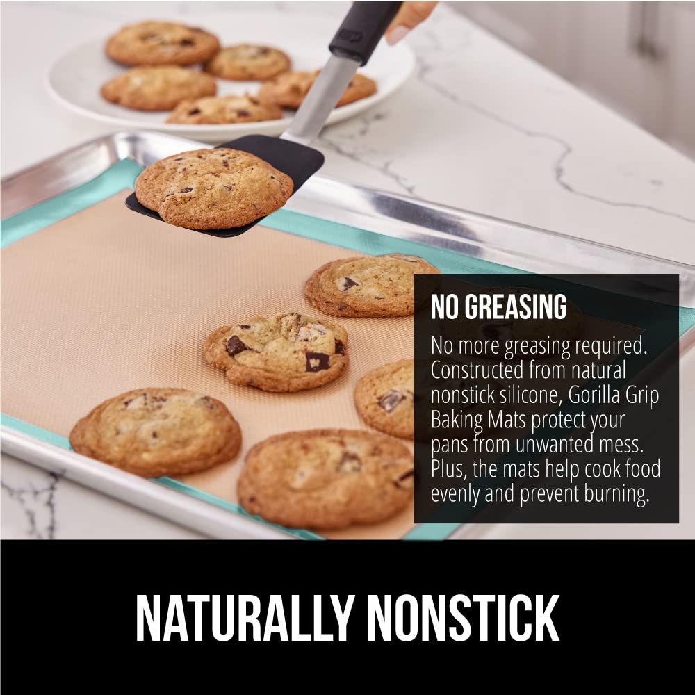 GORILLA GRIP Food Grade Reusable Nonstick Silicone Baking Mat, Oven Safe Cookie Sheet Liners, Up to 500 Degrees, No Mess Easy Clean Pastry Mats, Kitchen Essentials, 11.75x8.25 Quarter Sheet, 2PK, Mint
