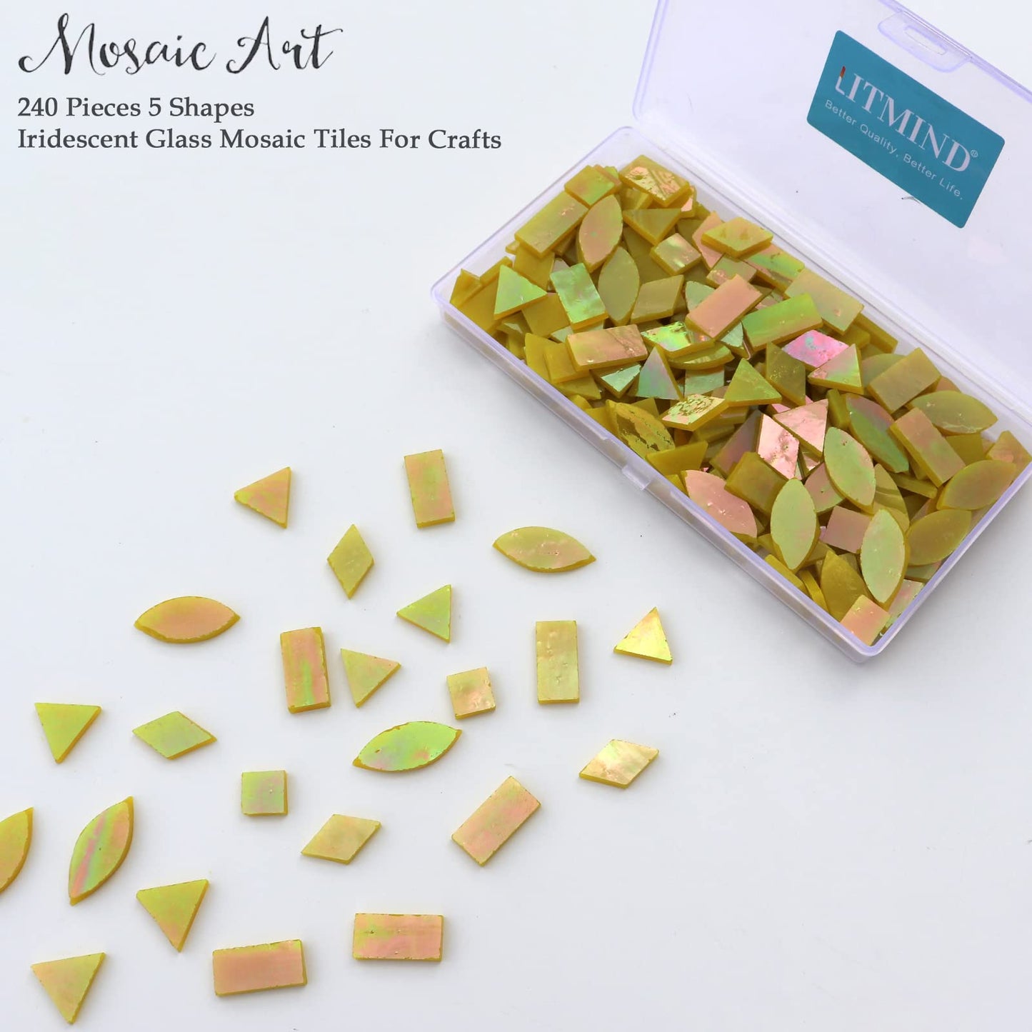 LITMIND Iridescent Glass Mosaic Tiles for Crafts, 240 Pieces 5 Shapes Mixed Yellow Stained Glass Pieces, Mosaic Kits for Adults (Iridescent Yellow)