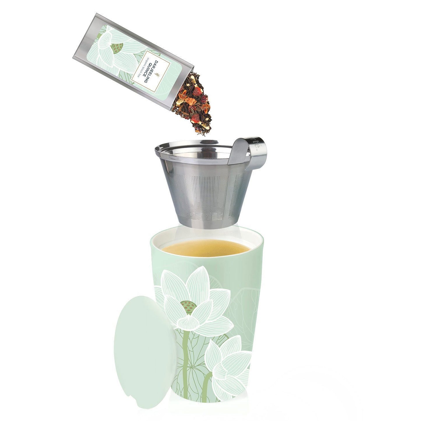 Tea Forte Double-Walled Ceramic Kati Cup, Removable Stainless Steel Infuser Basket and Lid, Steeps 12 oz Loose Leaf Tea, Dishwasher & Microwave Safe, Lotus Blossom
