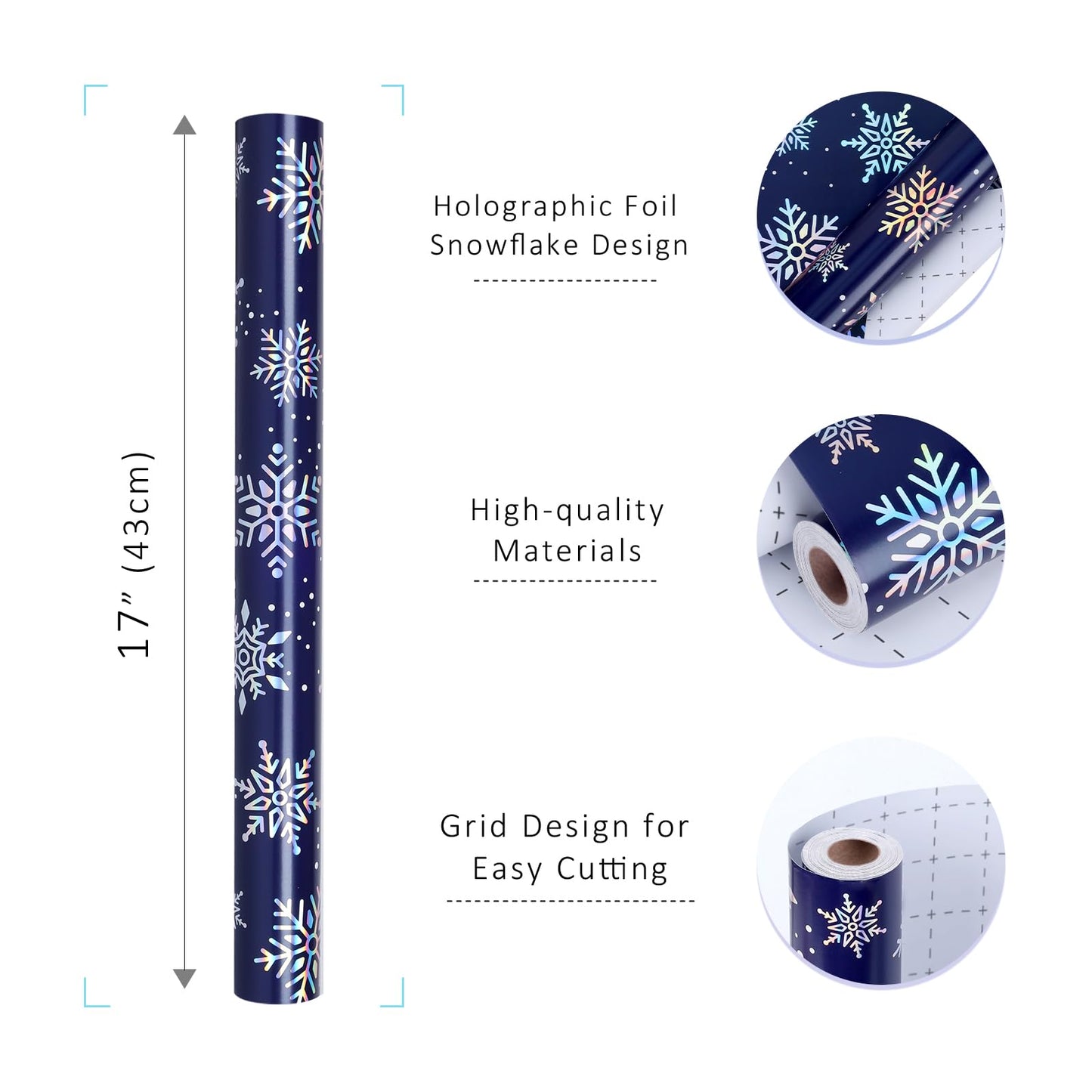 Navy Blue Christmas Wrapping Paper Roll, 17 Inch x 33 Feet, Holographic Foil Snowflake Design with Cutting Grid, Holiday Gift Wrap for Winter Birthday & Seasonal Party Decoration