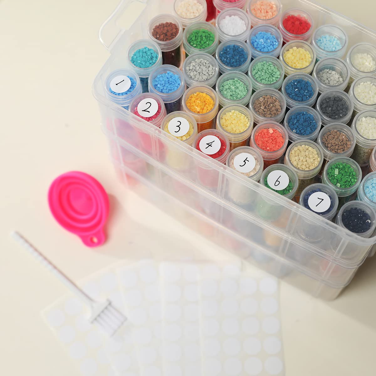 3-Tier Diamond Painting Storage Containers Portable Bead Organizer and Storage Box Stackable Arts & Crafts Organizers for Nail Charms Seed, 132 Round, Funnel, Stickers