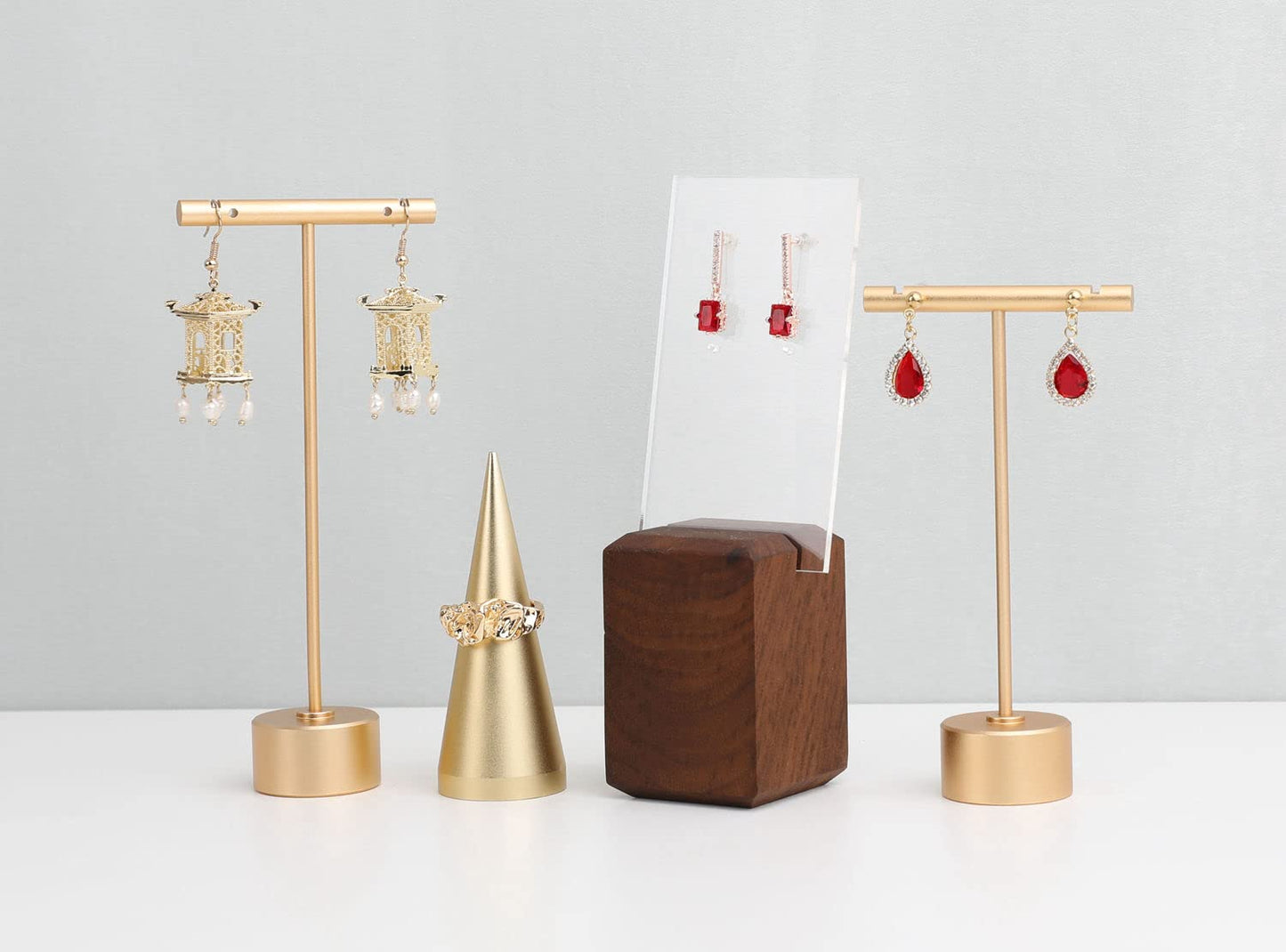 GemeShou Gold Metal Small Earring T Bar Stand Retail Display Holder, Retail Jewelry photography props for Show【Gold-Round Base Height 4.5"】