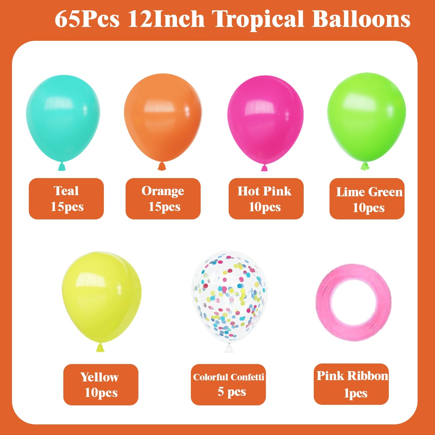 Tropical Hawaiian Balloons Set, 65Pcs 12In Summer Party Balloons with Hot Pink Green Orange Yellow Teal Blue for Hawaiian Summer Birthday Party Decorations