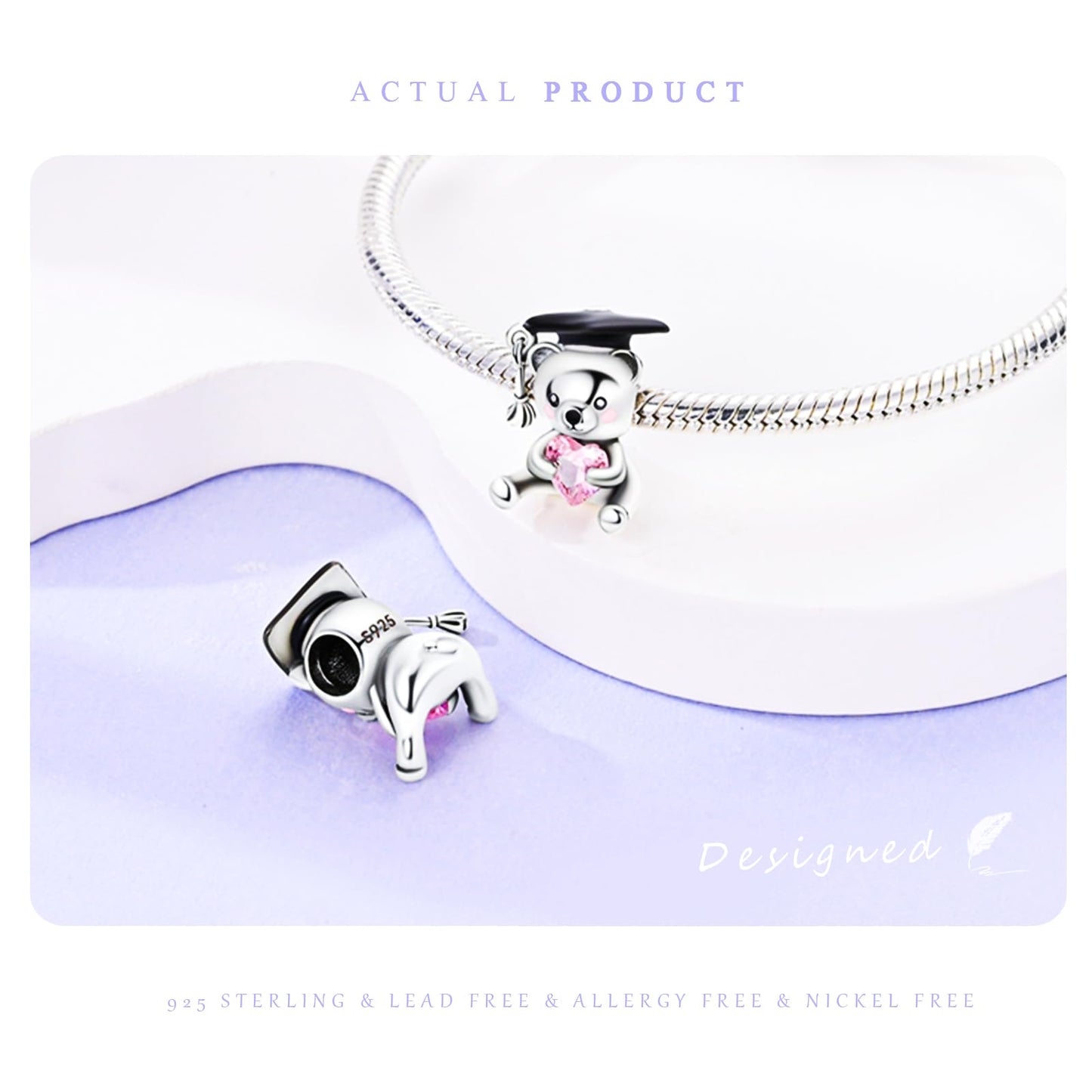 NUJIFFY 925 Sterling Silver Charms Beads for Bracelets Necklaces, Airplane Passport Sister Heart Coffee Music Book Travel Pendant, Pink Color Cute Animal Jewelry Graduation Birth Gifts for Women Men