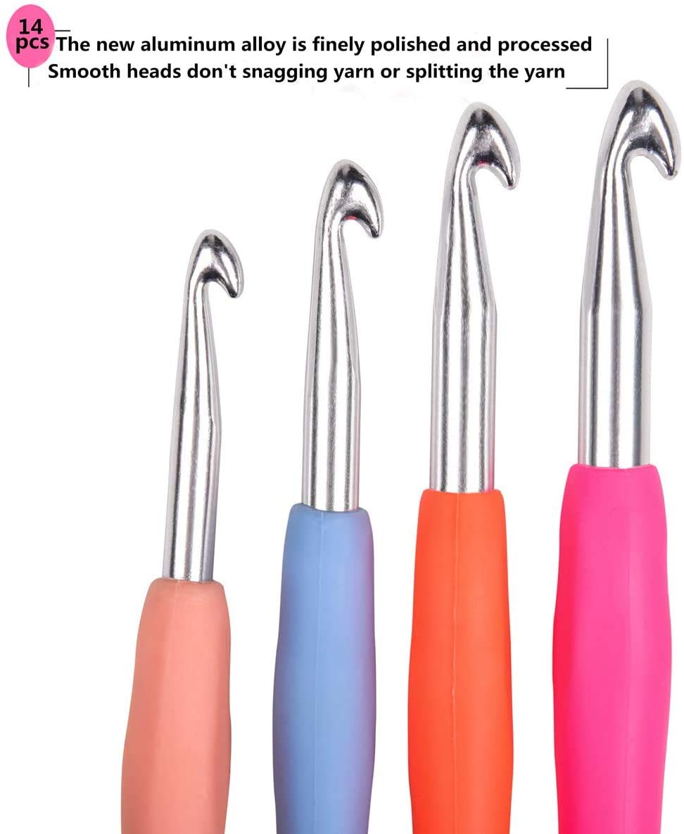 14 Sizes Crochet Hooks Set,2.25mm(B)-10mm(N) Ergonomic Crochet Needles with Case Soft Grip Handles Yarn for Arthritic Hands, Extra Long Crochet Needles Kit