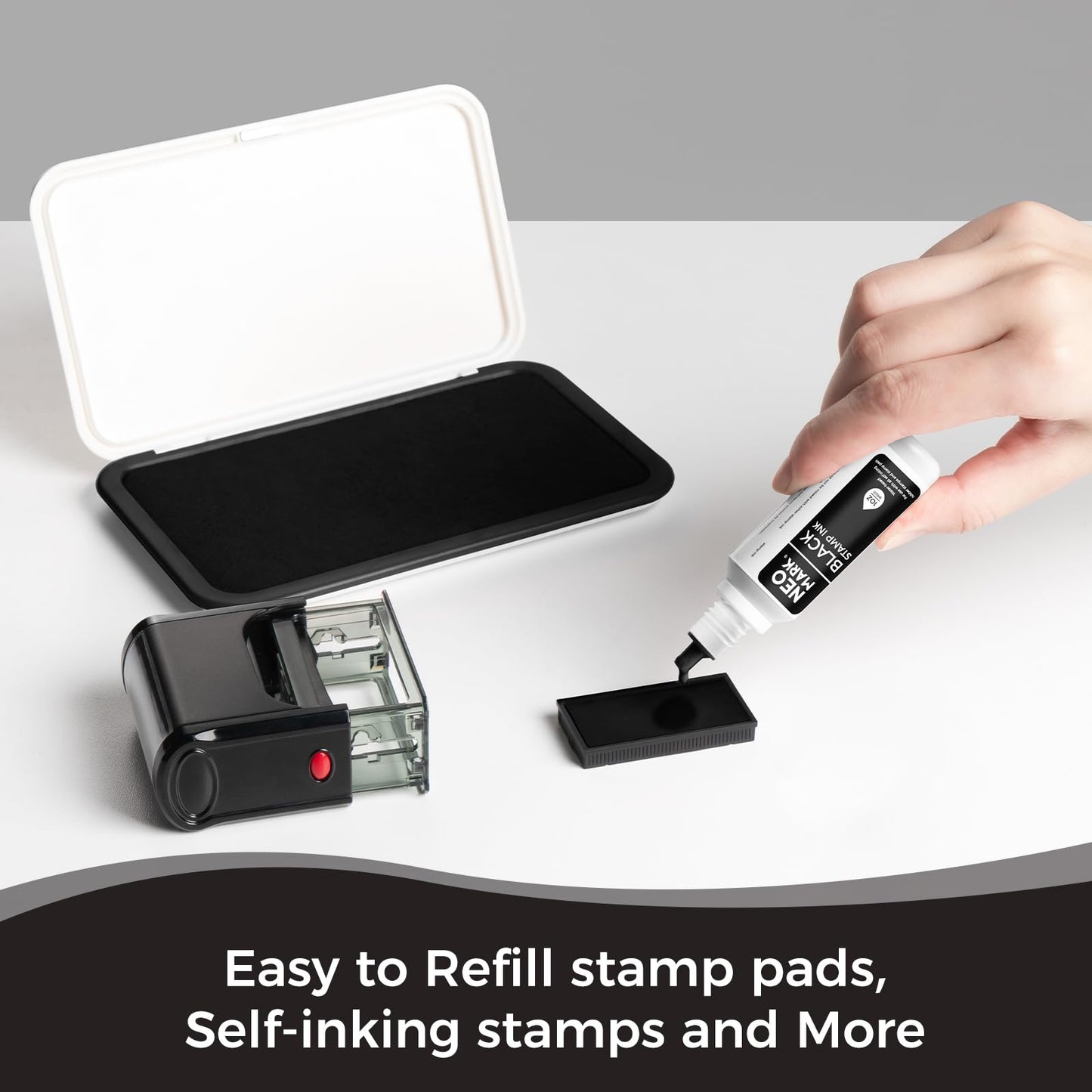 NEO MARK Premium Stamp Ink, Quick-Drying and AP-Certified Non-Toxic Refill Ink for Self-Inking Stamps, Date Stamps and Stamp Pads(Black, 1oz)