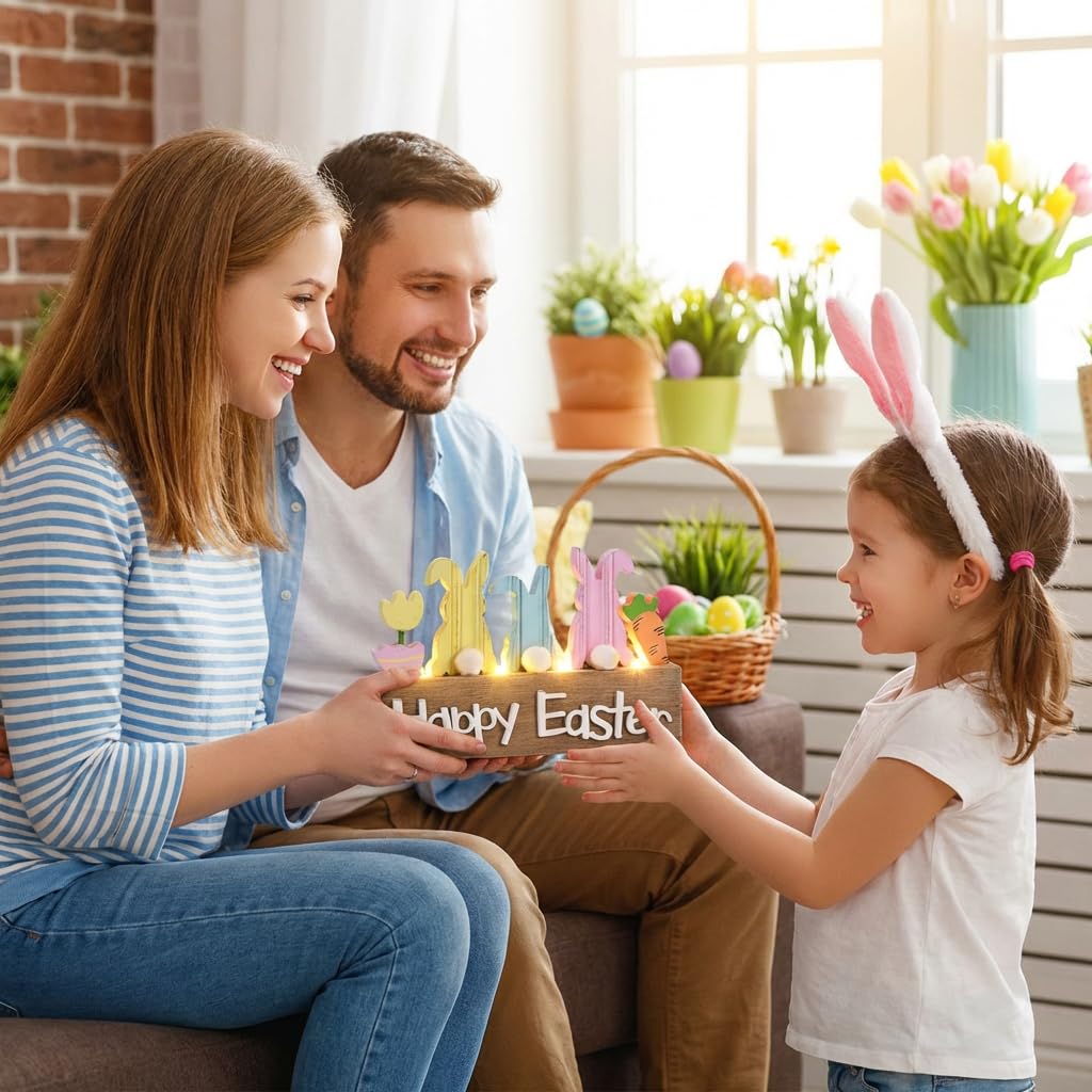 Easter Decorations, Wooden Easter Decor for Table with LED Lights, Lighted Bunny Decorations for The Home Decor Shelf Tiered Tray Living Room, 8 Inch, Pink Blue