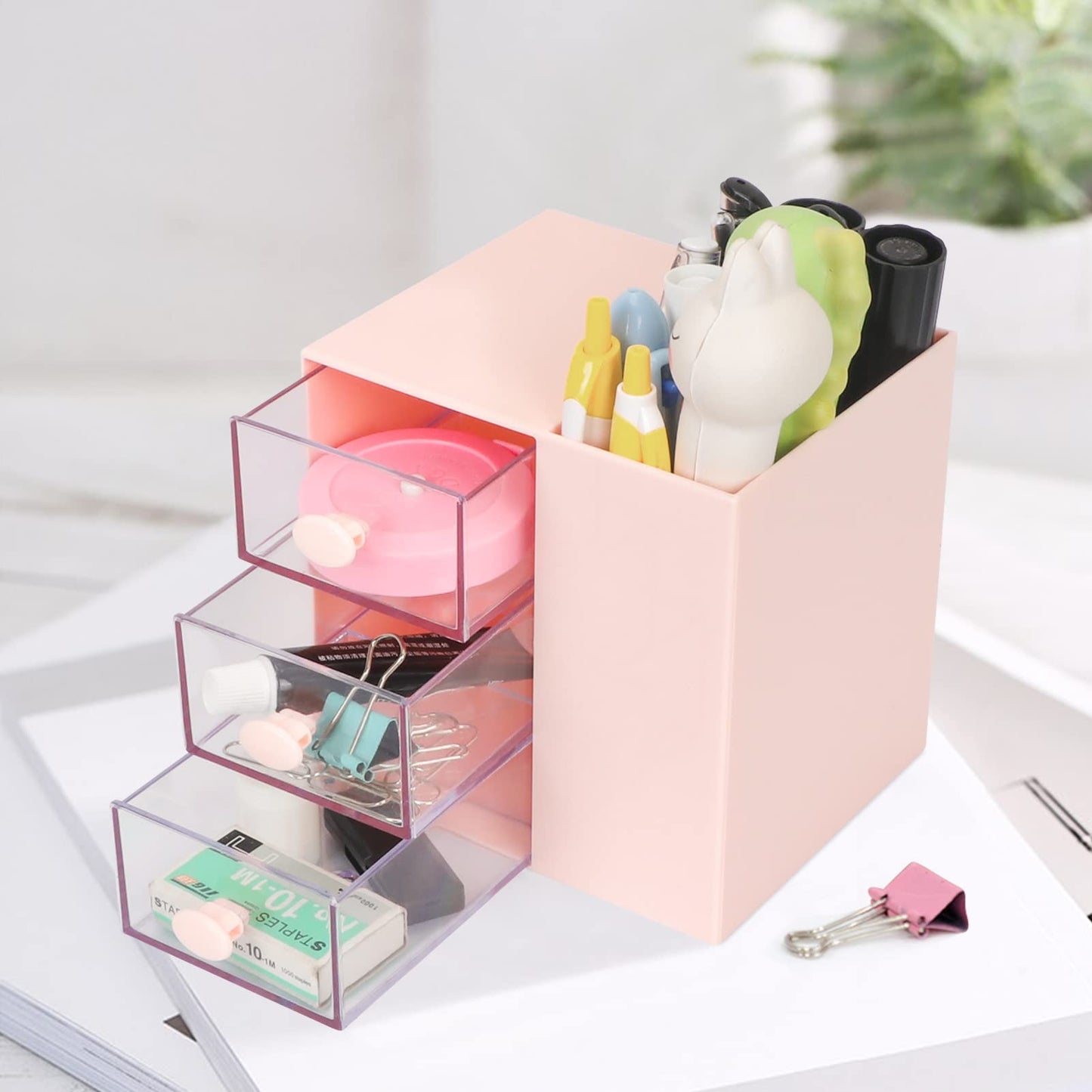 Toplive Desk Pencil Pen Holder, Office Desk Organizers Desktop Storage Pen Organizers with 3 Independent Drawers Stationery Supplies for Office,School,Home,Pink