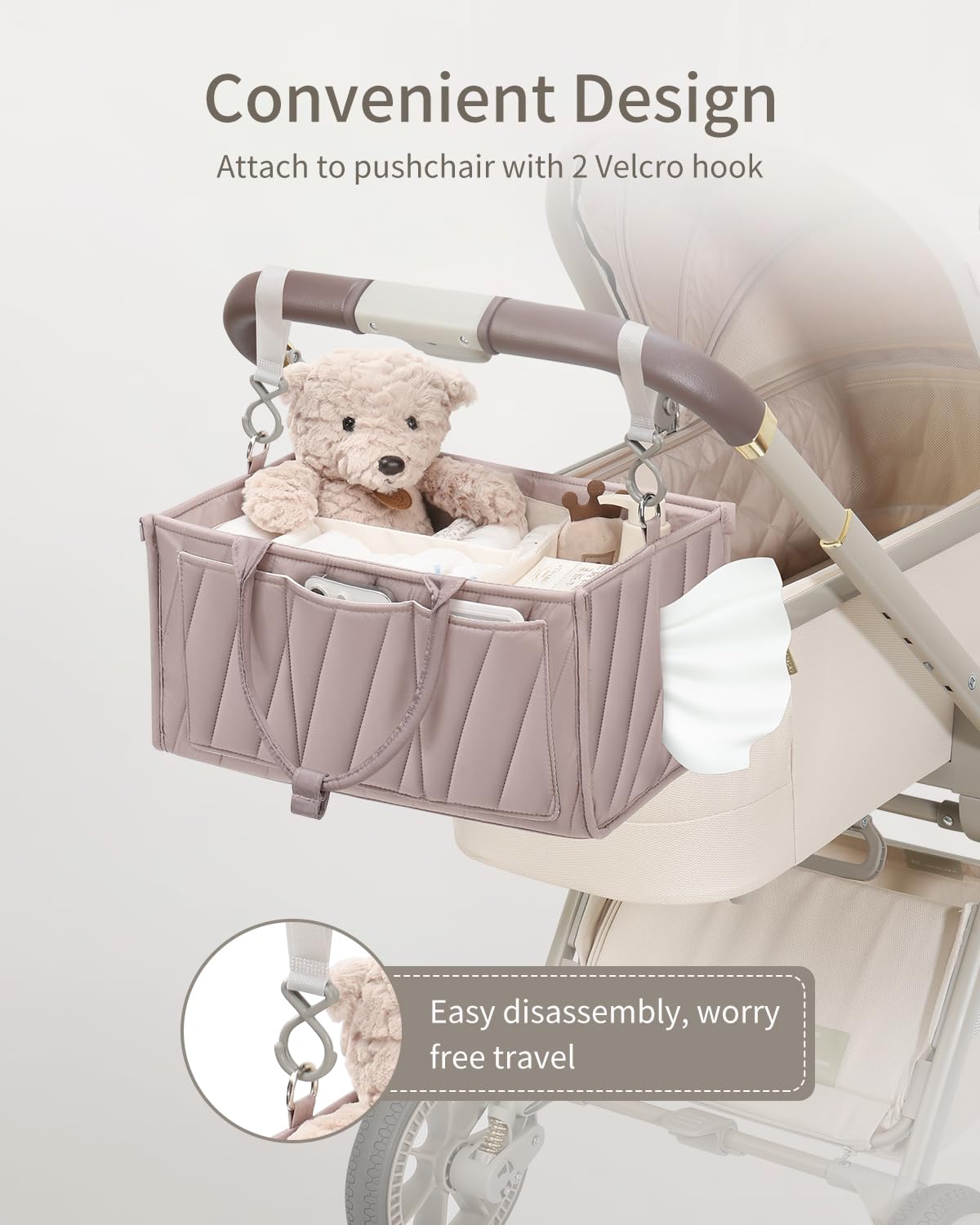 VKSAO Diaper Caddy Organizer – Portable Storage Basket with Shoulder Strap & Stroller Hooks, Splashproof Quilted Nursery & Car Tote, Gender Neutral Gift for Baby Shower, Smoky Gray