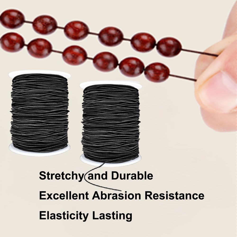 Stretchy String for Bracelets, 2 Rolls 1 mm Sturdy Elastic String Elastic Cord for Jewelry Making, Necklaces, Beading (Black)