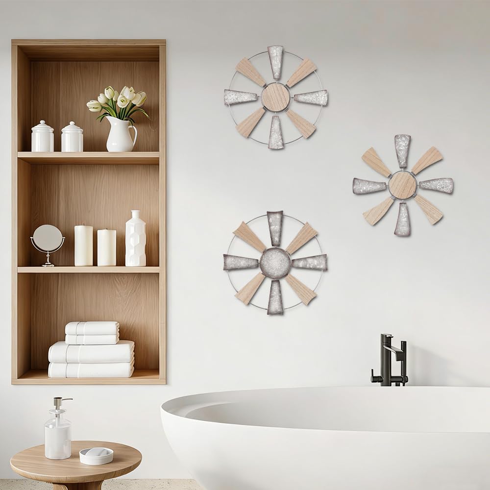 YEAHOME Farmhouse Wall Decor, 3 PCS 11" Wood Metal Windmill Wall Art for Rustic Farmhouse Decor, Western Country Home Decor for Kitchen, Living Room, Bathroom, House