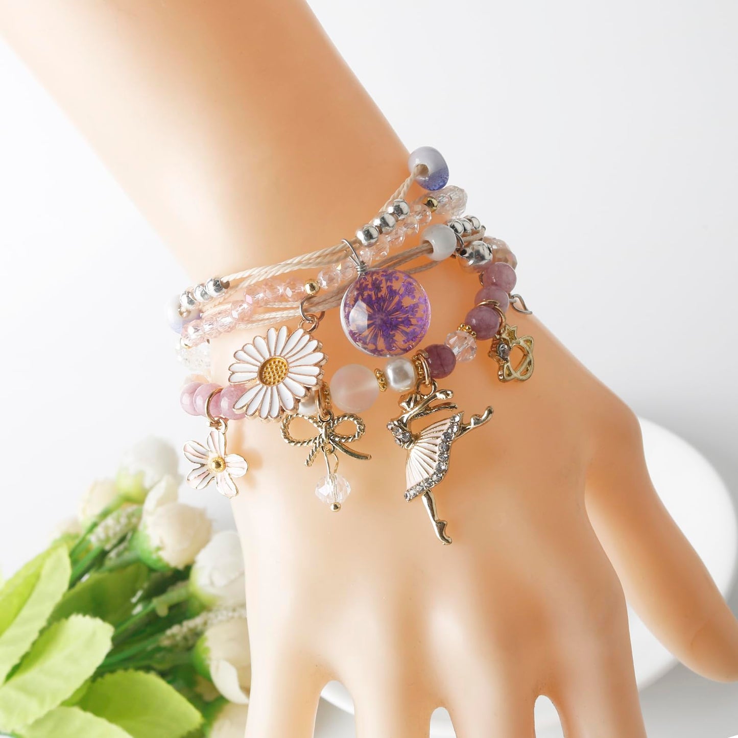 DS 4PCS Beaded Charm Bracelets for Teen Girls Dainty cute cartoon Crystal Beads Pearl Bracelets anklets set for woman and girls Adjustable Stretch bracelet birthday Gift For Friends Dancing Girl