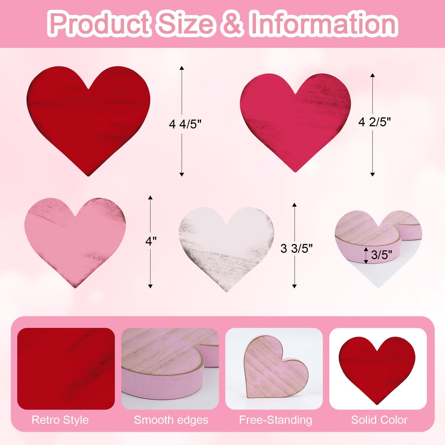 Wooden Hearts Valentines Decorations Indoor, Wood Heart Blocks Tiered Tray Decor Set of 4, Red Pink White Valentine Decoration for Home Party Office Shelf Door (Retro)