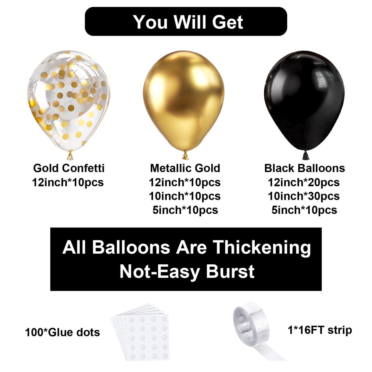 Bezente Black Gold Balloons Garland Kit, 100Pcs Black Gold Metallic Chrome and Gold Confetti Balloons Arch with Tape for New Year 2026,Wedding, Birthday,Graduation,Special Events Party Decoration