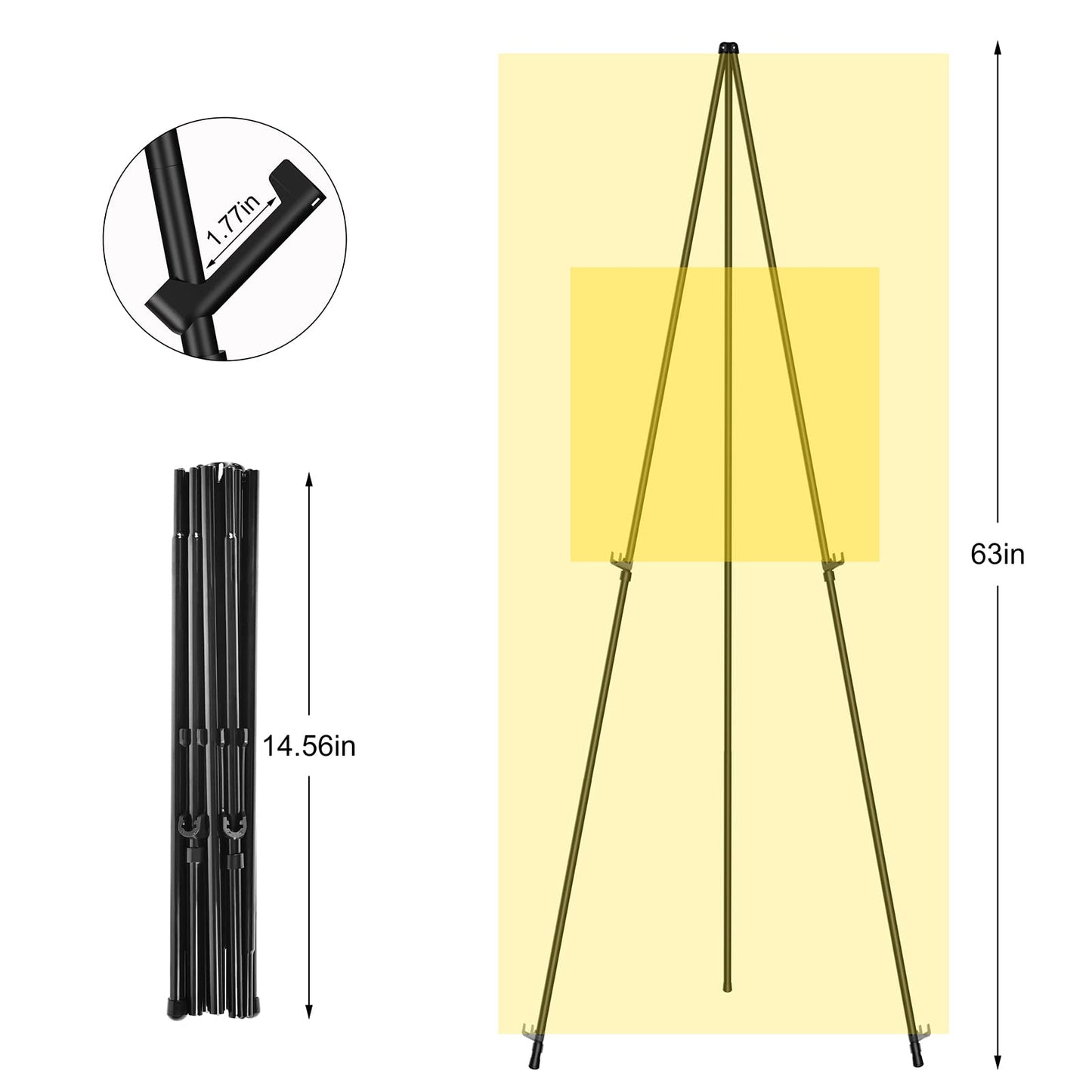 SunyesYoon Display Black Easel Stand for Wedding Sign - Artist Instant Tripod Collapsible Portable Floor Easel for Posters- 63" Adjustable Easy Folding Metal Stand for Display Show, Arts, Painting