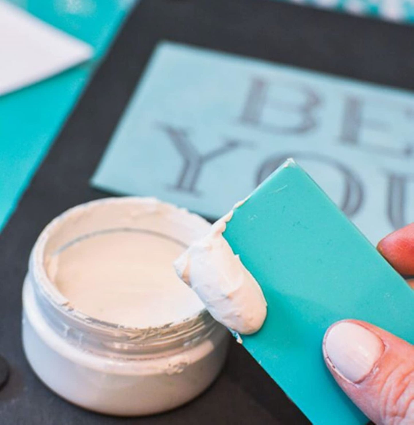 JAJADO 5 Packs Mini Squeegee, Silk Printing Squeegees for Chalk Paste, Self-Adhesive Stencil Screen Scraper Printing Tool Small Squeegee Turquoise Silicone for Transfer Chalk Paint Stencil Ink