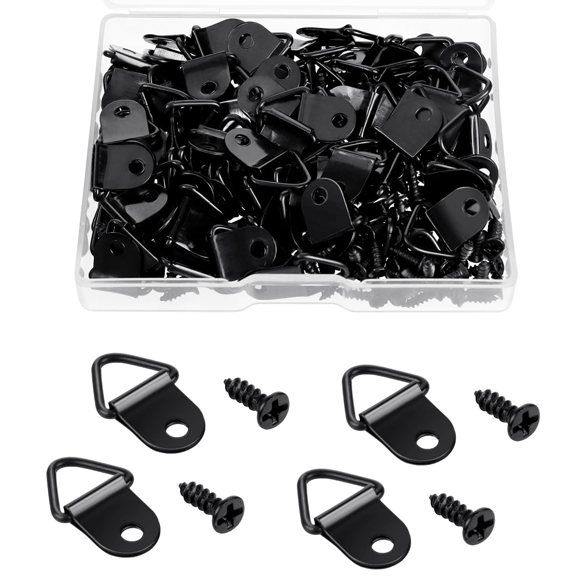 100 Pack Steel Picture Hangers with 100pcs 8mm Screws, Small Triangle Ring, Light Duty D Rings for Clock, Decoration, Mirror, Paintings, Artwork Picture Frame (Black)