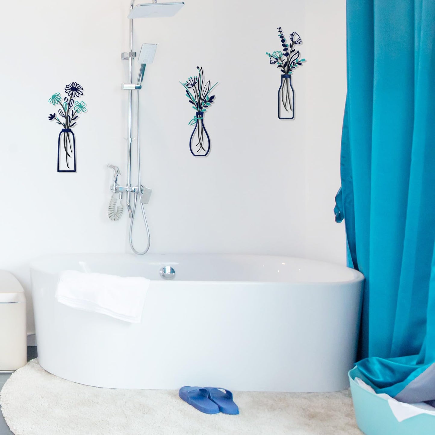 3 Pieces Metal Flowers Wall Arts - Rustic Farmhouse Style Décor Metal Wall Art Black Minimalist Flower Natural Themed Wall Decors for Home Bedroom Dining Room Housewarming (Blue)