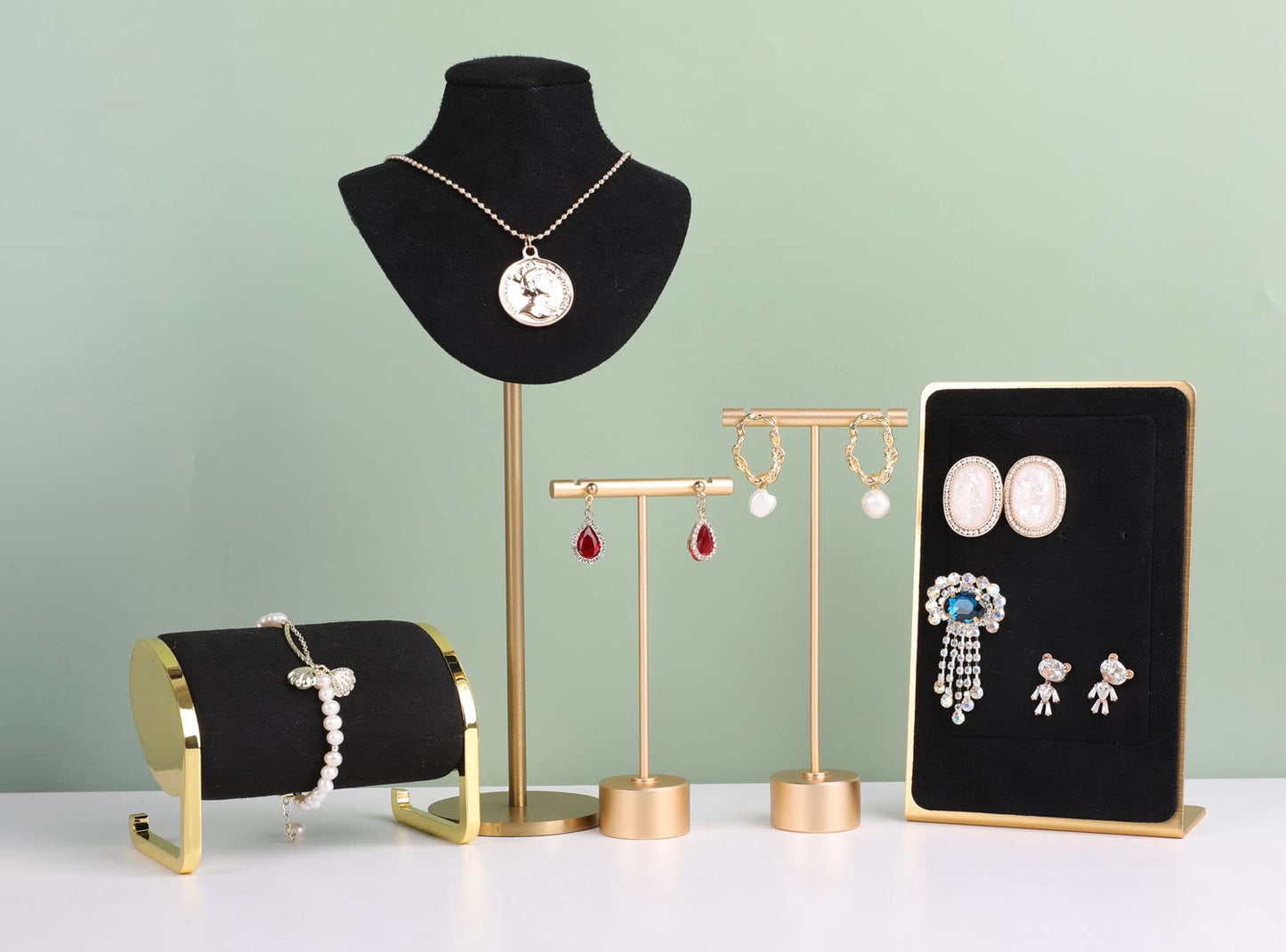 GemeShou Gold Metal Small Earring T Bar Stand Retail Display Holder, Retail Jewelry photography props for Show【Gold-Round Base Height 4.5"】
