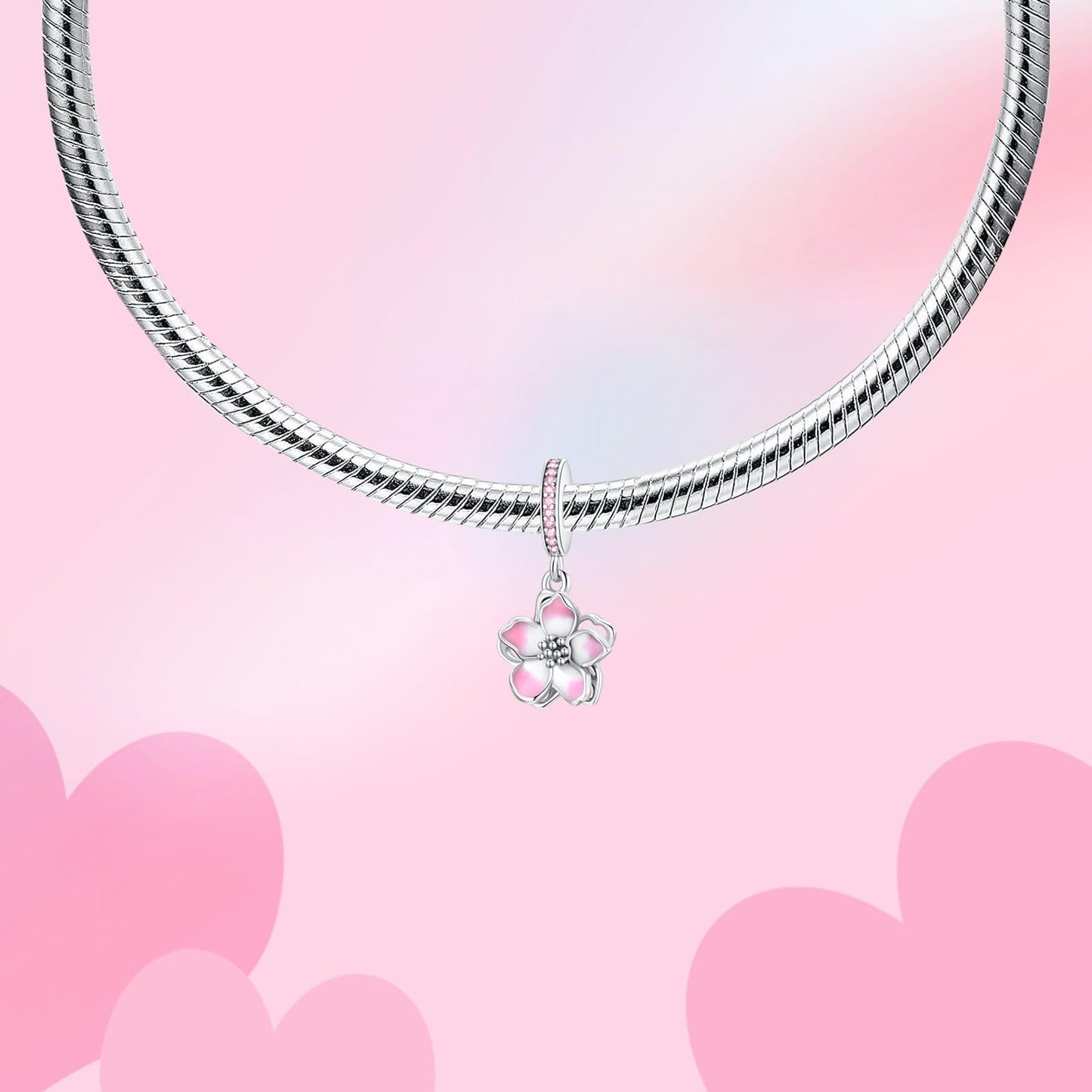 Alstade Pink Cherry Blossom Charm 925 Sterling Silver Charms fits Bracelets and Necklace Pendant Bead Charms Jewelry Present for Women Family Friends
