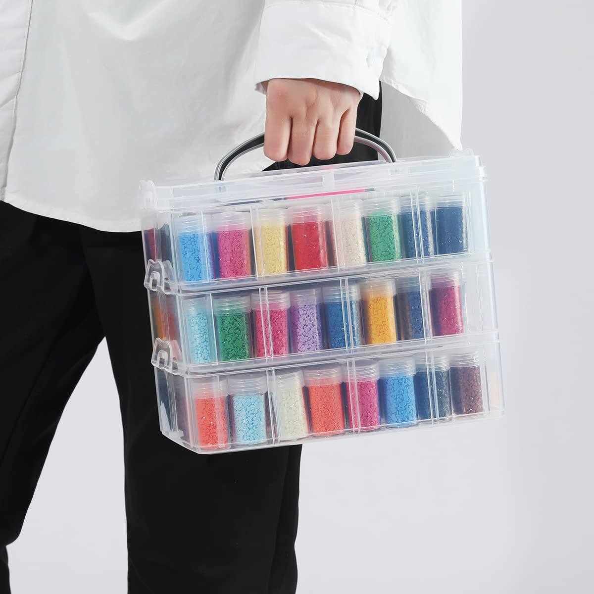 3-Tier Diamond Painting Storage Containers Portable Bead Organizer and Storage Box Stackable Arts & Crafts Organizers for Nail Charms Seed, 132 Round, Funnel, Stickers