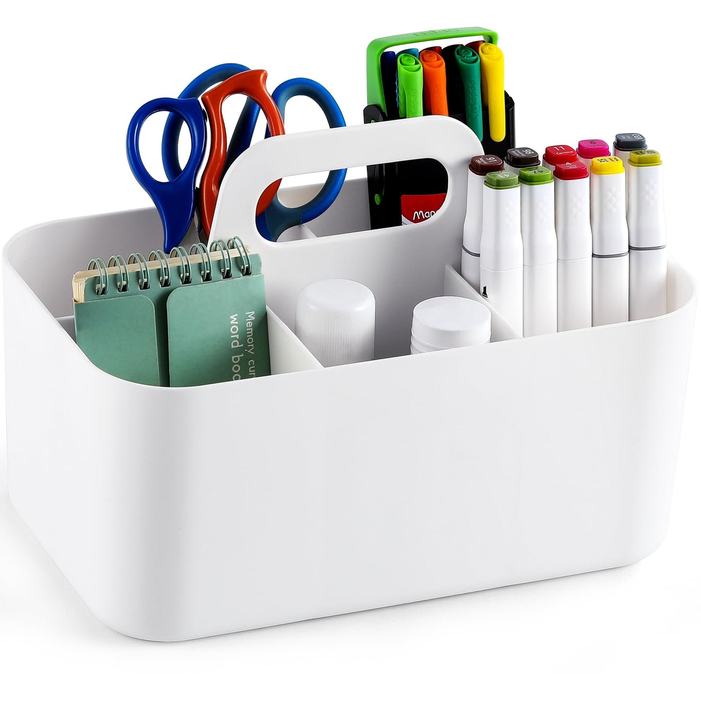 Multiuse Caddy Organizer with Handle - Stackable Plastic Bin Basket - Divided Storage Tote Holder for Art Craft Supplies, Makeup, Bathroom, Shower, Cleaning, Kitchen, Office, Dorm, Desktop - White