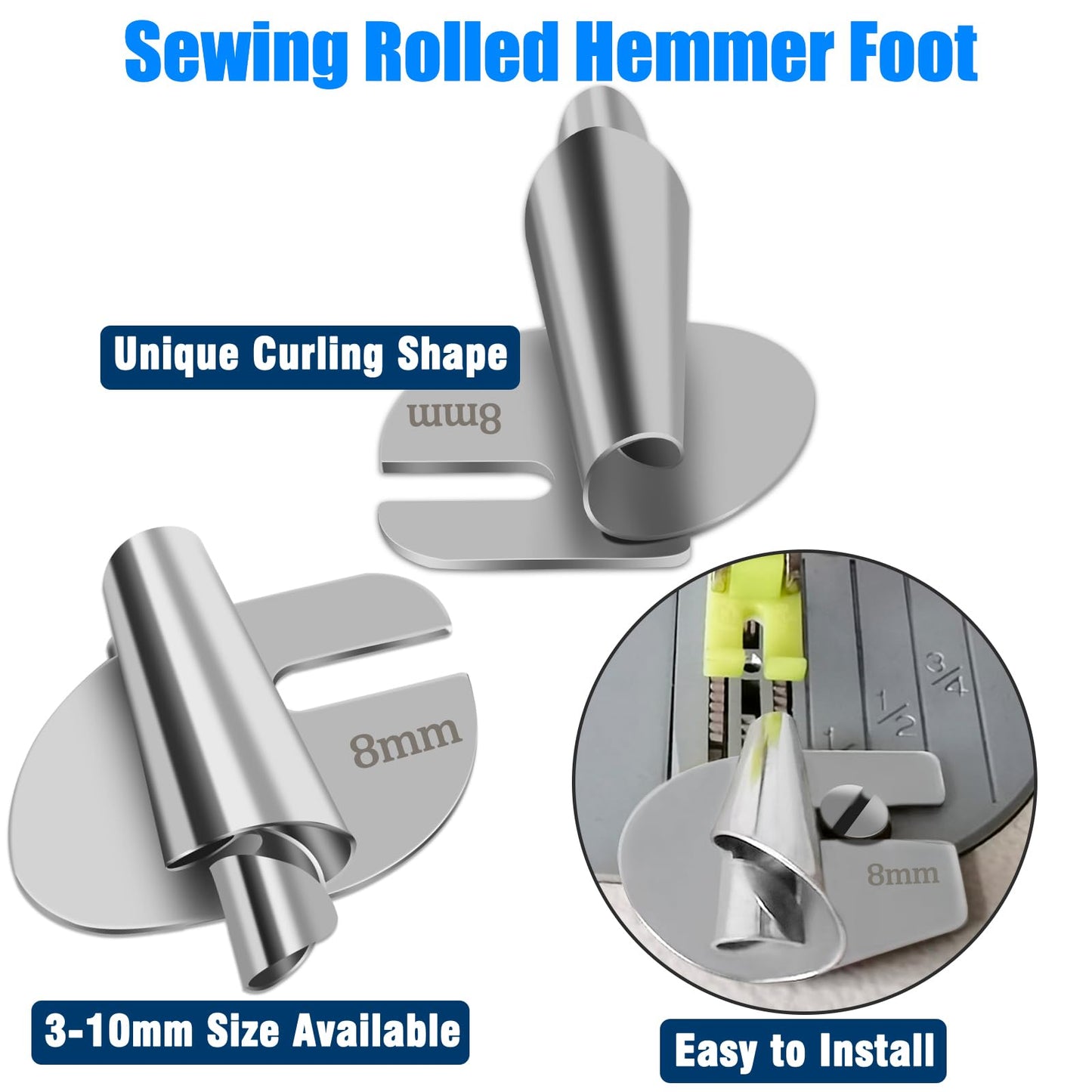 Sewing Rolled Hemmer Foot 8PCS Rolled Hem Presser Foot 3/4/5/6/7/8/9/10mm 8 Sizes Wide Rolling Hem Foot Sewing Machine Presser Feet Hemmer Home Industrial Curved Scroll Hemming Feet