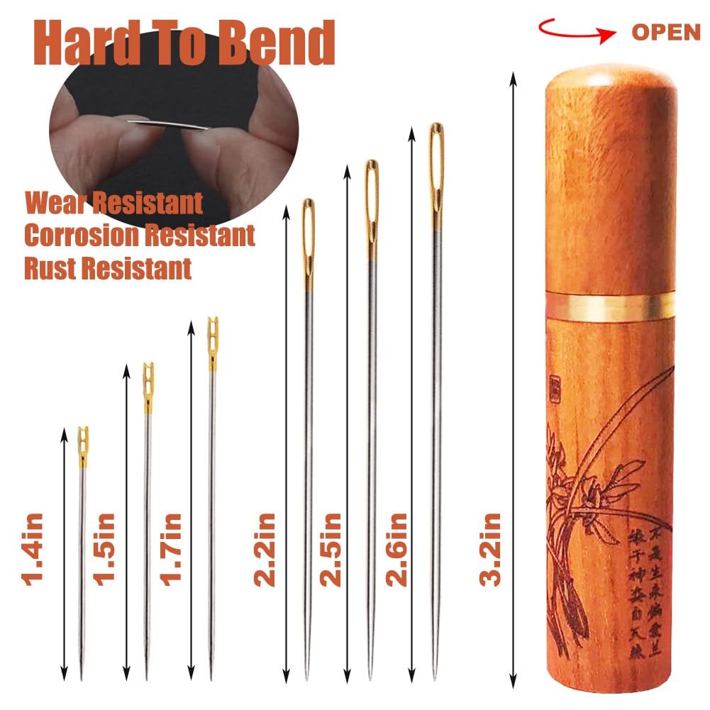 Self-Threading Needles, Sewing Needles, Needle Threader with Needle case Carving Pattern, Threaded from The top, Golden, 18 Pack