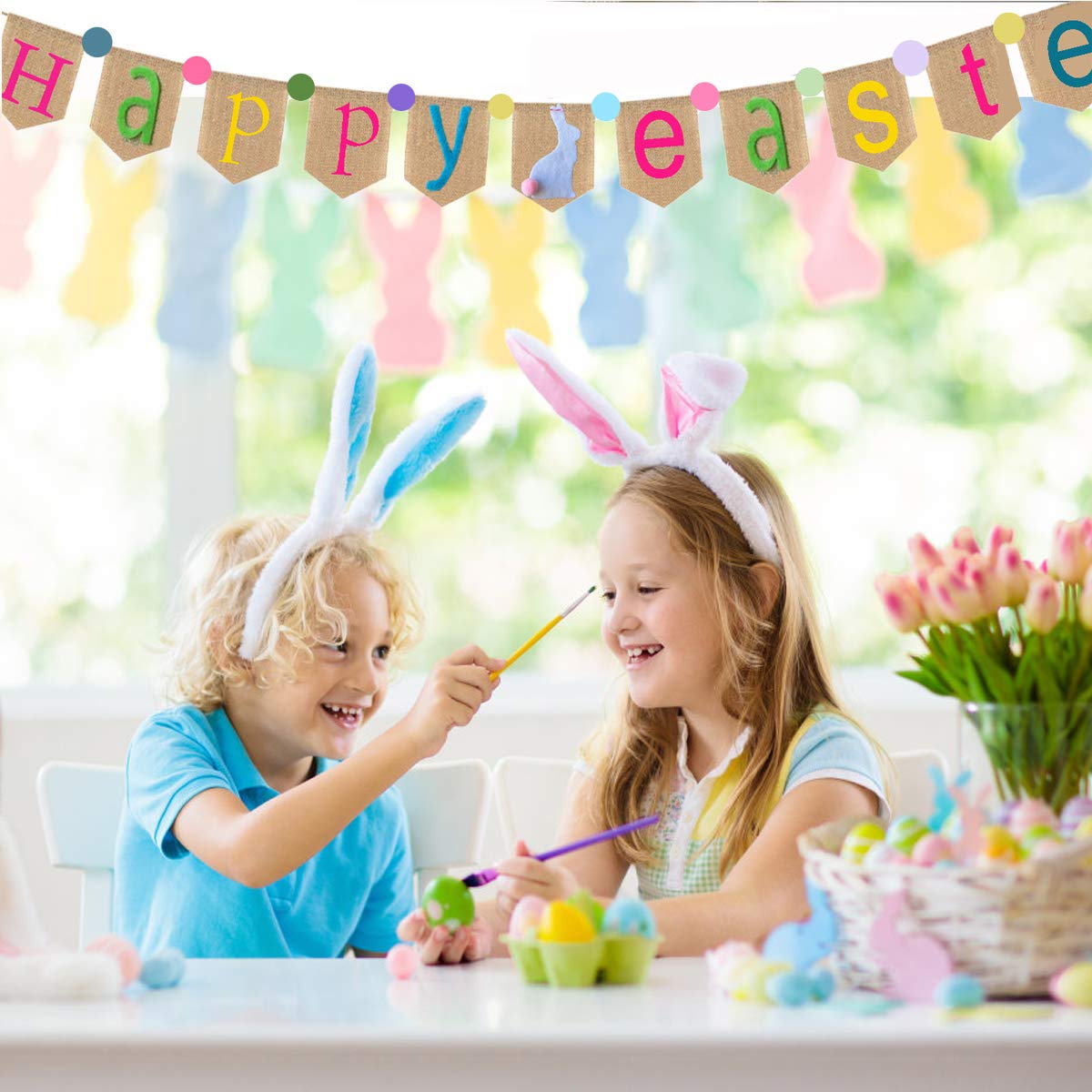 Happy Easter Burlap Banner Decorations, Happy Easter Garland Bunting, Spring Farmhouse Decorations for Mantle,Rabbit Banner Gift for Kids