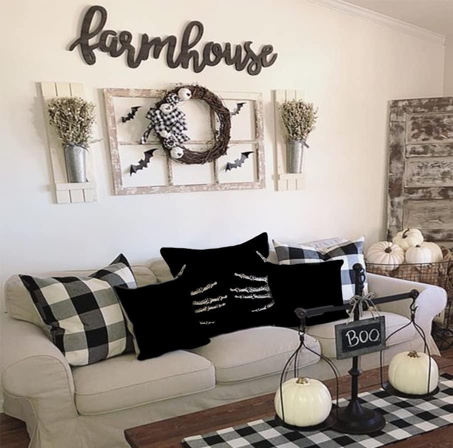 AACORS Halloween Throw Pillow Cover 18X18 Skeleton Decorations Holiday Farmhouse Black Cushion Case for Sofa Couch Decor AA016-18