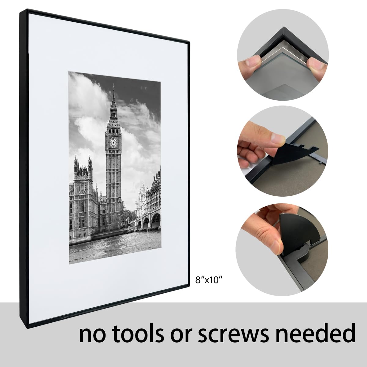 GOmaize Front Loading Black Picture Frame Set of 5,Display pictures 5x7 with mat or 8x10 without mat,Wall and Table Mounting