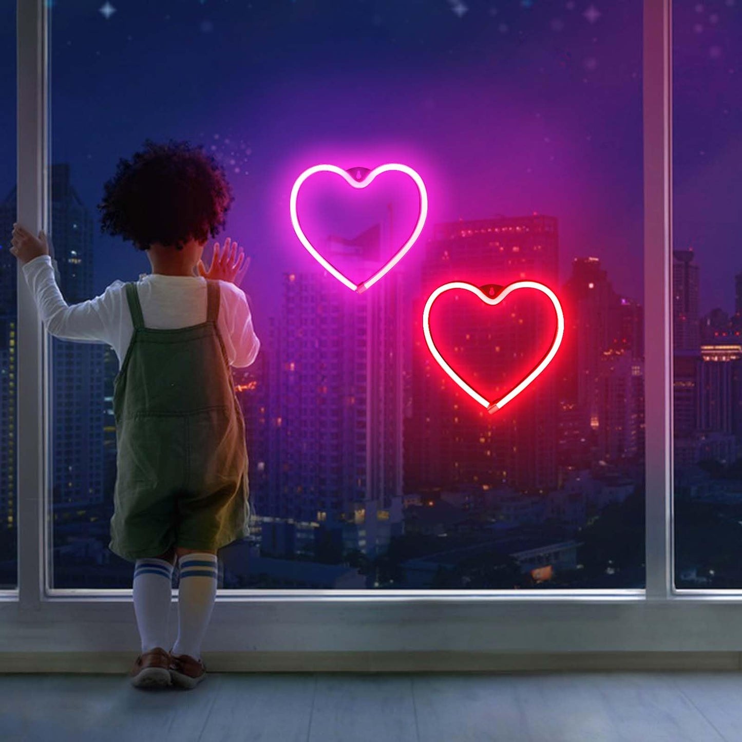 2 Pack Heart Neon Sign LED Neon Lights for Wall Window Decor Valentine's Girl Room Wedding Party Dorm(Pink,Red)