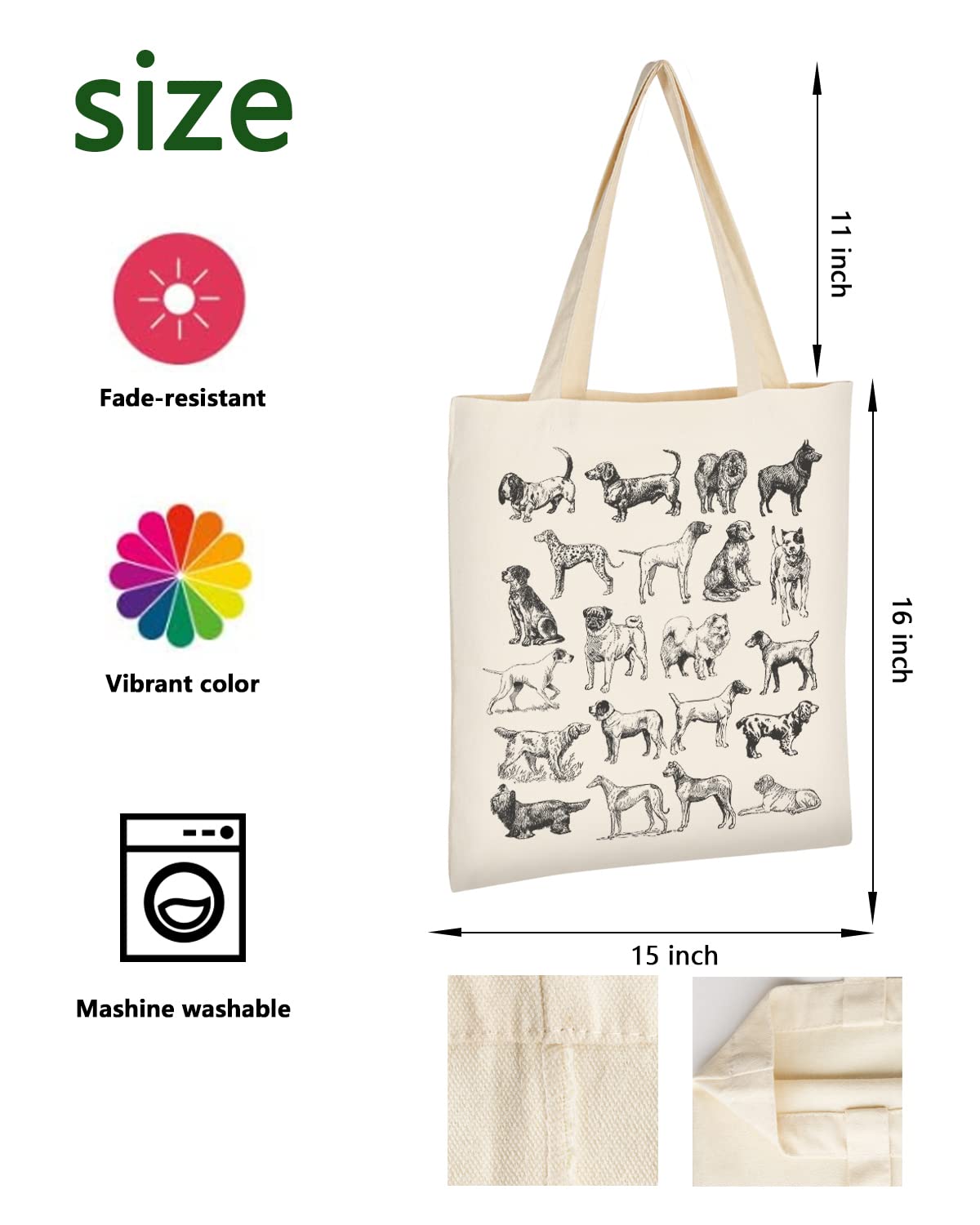 AUSVKAI Canvas Tote Bag Aesthetic for Women, Cute Trendy Dog Hand Drawn Reusable Cloth Cotton Bags with Handle for Grocery College Shopping Beach