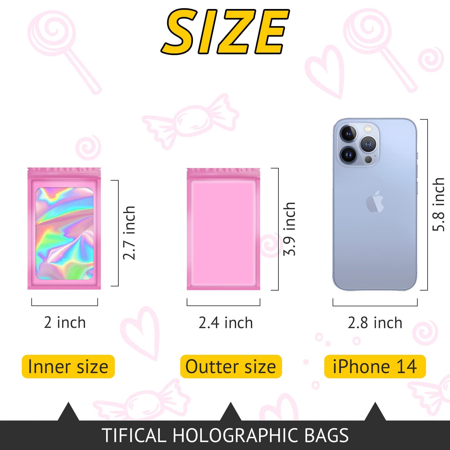 TIFICAL 100 PCS Smell Proof Bag, Packaging Bags, Holographic Mylar Bags, Foil Resealable Bags for Small Business Candy Jewelry Bracelet Party Favor Food Storage Sample Supplies (2.4×3.9 Inch, Pink)