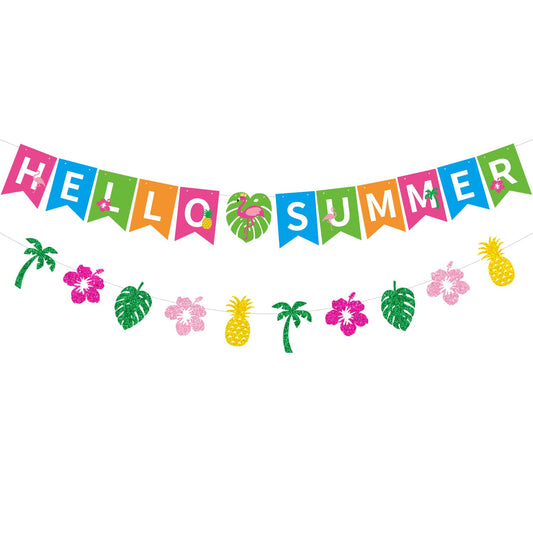 PTFNY Hello Summer Banner and Glittery Hawaiian Luau Tropical Themed Banner Colorful Summer Bunting Banner Garland Summer Holiday Birthday Party Decorations for Indoor Outdoor Wall Mantle Fireplace