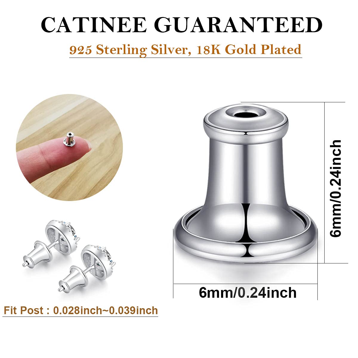 Catinee Sterling Silver & 14K Gold Plated Bullet Earring Backs for Studs - Hypoallergenic, Secure Locking