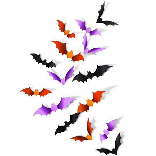 Halloween 3D Bats Wall Decor Bat Wall Stickers Reusable PVC Halloween Wall Decal Stickers 3 Colors 4 Sizes Scary Bat Decals Indoor Outdoor Removable Bat Sticker for Halloween Party Decor (36 Pieces)