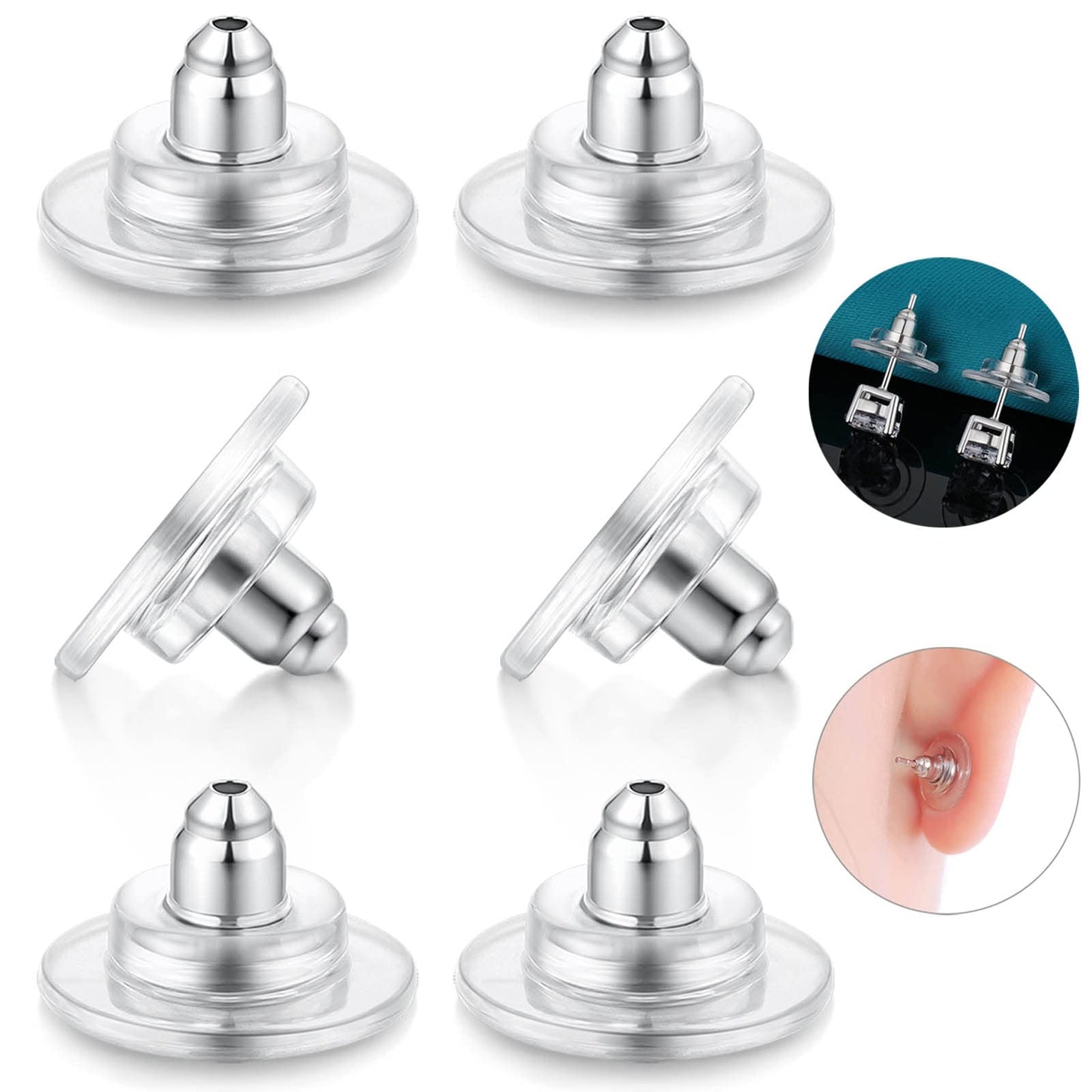 Catinee 3Pairs 925 Sterling Silver Earring Backs Replacements for Diamond Studs,14K White Gold Plated Hypoallergenic Secure Earring Backs (Silver)