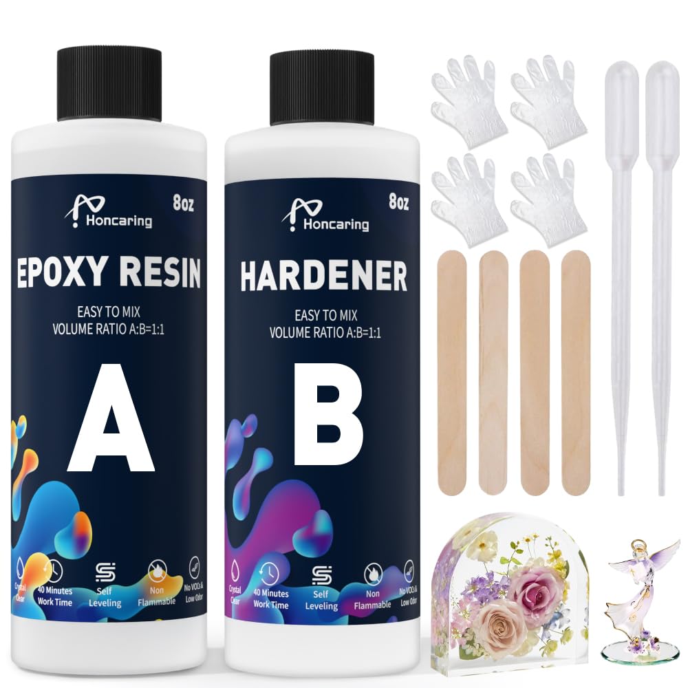 Honcaring Epoxy Resin 16OZ, Epoxy Resin for Beginner, Clear Resin Epoxy for Crafts, DIY Jewelry Making, Mixing Ratio 1:1, Less Bubble & No Yellowing(8OZ×2)