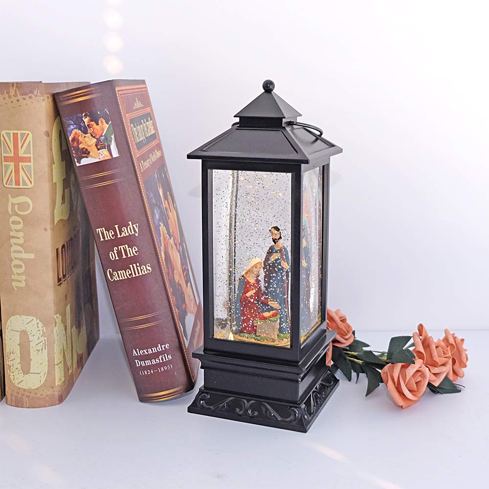 Nativity Music Snow Globe Lantern with Timer Battery Operated & USB Powered Lighted Singing Snow Globe Lamp Spinning Water Swirling Glitters Christmas Decor 4" x 4" x 12"