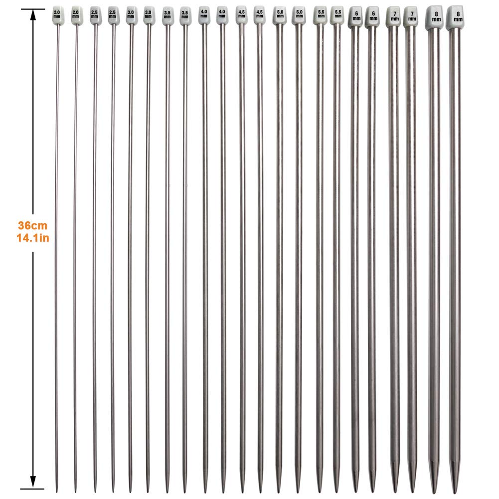 BCMRUN Knitting Needle Set, 22PCS 2mm(B)-8mm(L) Straight Single Pointed Stainless Steel Sweater Needles Set(11Pair-11 Size,9.8 inch) with Locking Stitch Makers Large-Eye Needles Measure Tape (36CM)