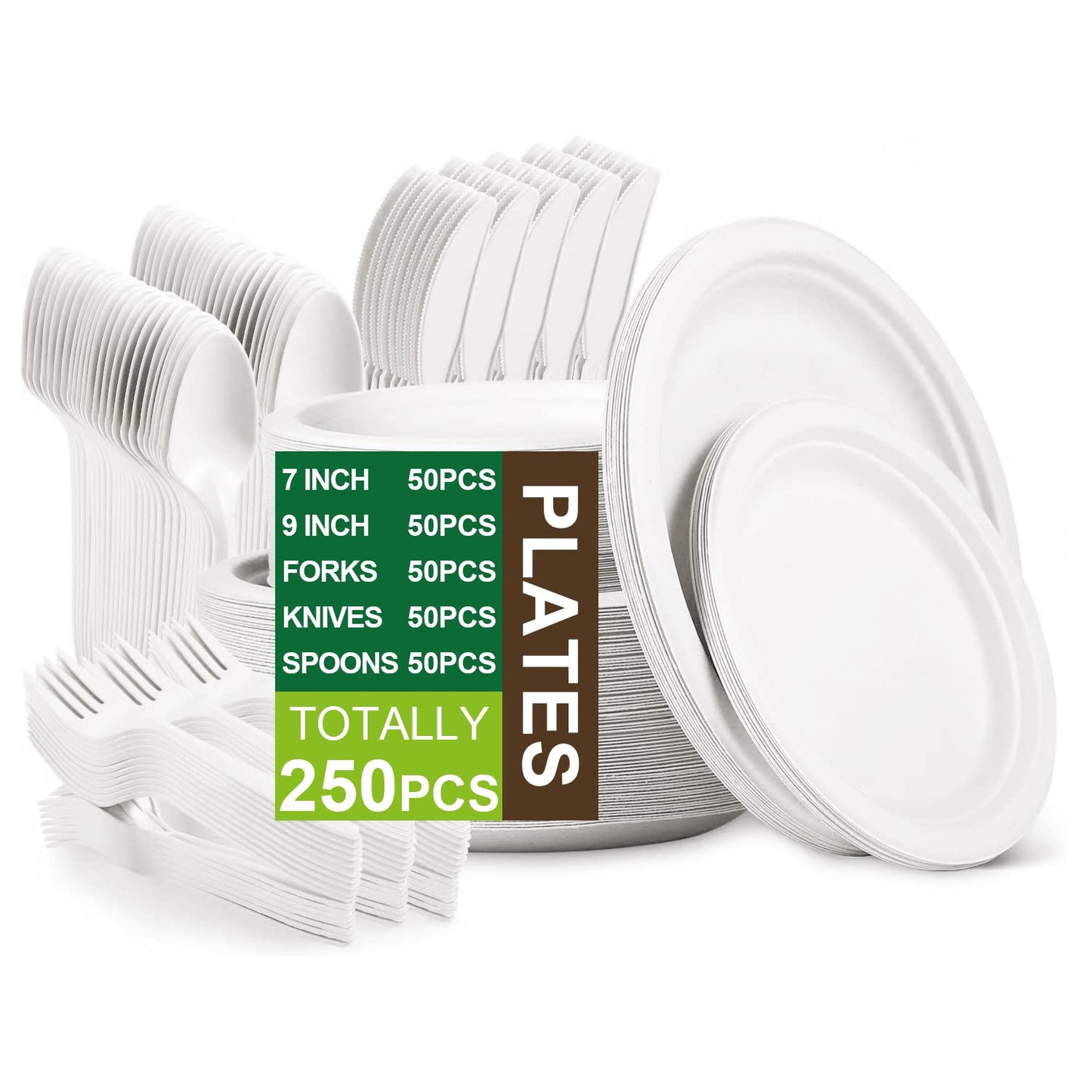 Jeopace Paper Plates Set 250PCS,Eco Paper Plates for Party,9 Inch and 7 Inch Sugarcane Bagasse Biodegradable Paper Plates,Cornstarch Forks,Knives and Spoons Plates Set for 50 People(White)