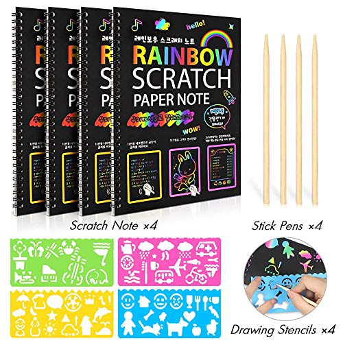4 Pack Scratch Arts Drawing Notebook for Kids Drawing Pad, Large Rainbow Scratch Drawing Paper Set for Kids Art Supplies (with 4 Wooden Stylus & 4 Drawing Stencils）