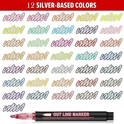 SUPER TOY 12 Pc Metallic Double Line Outline Markers Glitter Pen Set for Rock Painting, Glass, Mug, Wood, Fabric, Canvas, DIY Craft with Fine Medium Tip